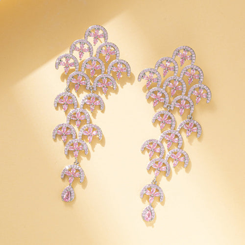 Pink Flowers Rhinestone Dangle Earring For Party Bridal Wedding Prom