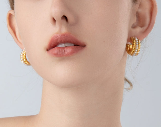 Gold Twist Hoop Earrings With Pearls