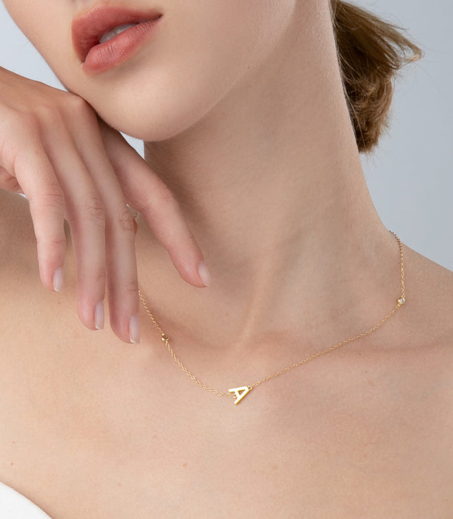 Thin Alphabet Necklace With Diamond Stud