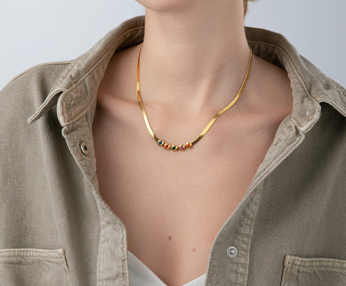 Gold Chain Necklace with Diamond and Color Stone