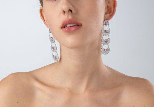 Pink Semicircle Rhinestone Dangle Party Earring with 925 Sterling Silver Post