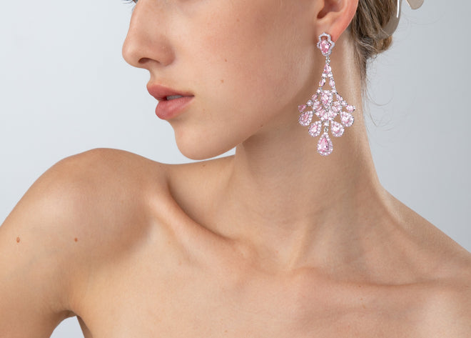 Pink Chandelier Rhinestone Dangle Party Earring with 925 Sterling Silver Post