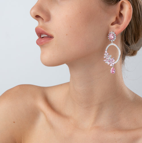 Pink Flowers in the circle Rhinestone Dangle Party Earring with 925 Sterling Silver Post