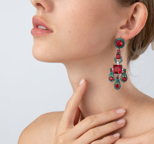 Red&Green Rhinestone Dangle Party Earring with 925 Sterling Silver Post