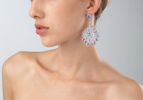 Peacock Feather Style Zircon Rhinestone Dangle Earring (Purple)