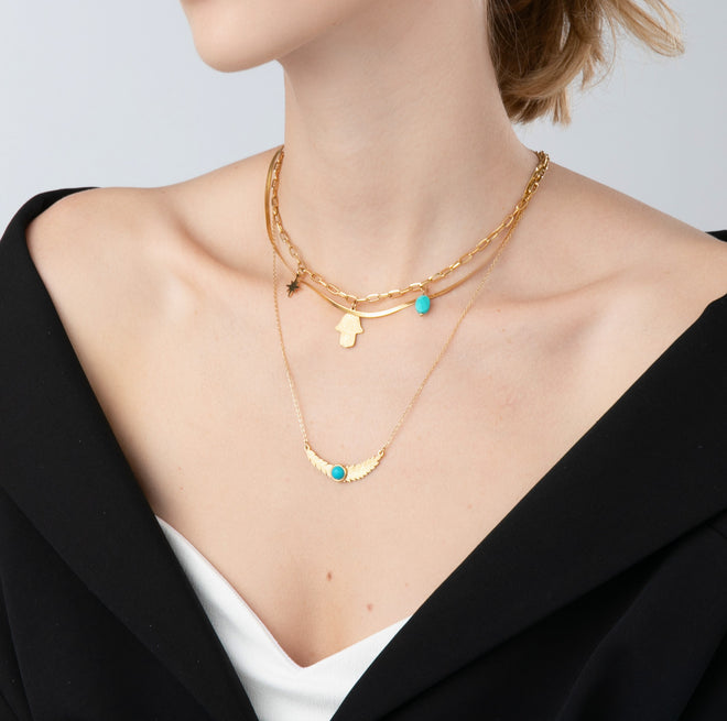 Double Layered Turquoise Gold Wing Necklace