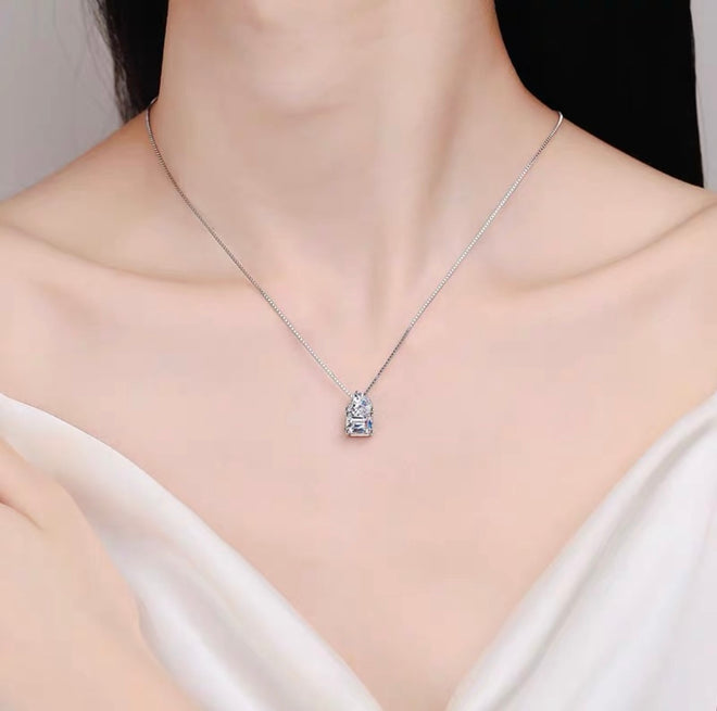 Moissanite Heart and Princess cut Pendant Necklace 2CT 18K White Gold Plated Silver D Color Ideal Cut Diamond Necklace for Women with Certificate of Authenticity