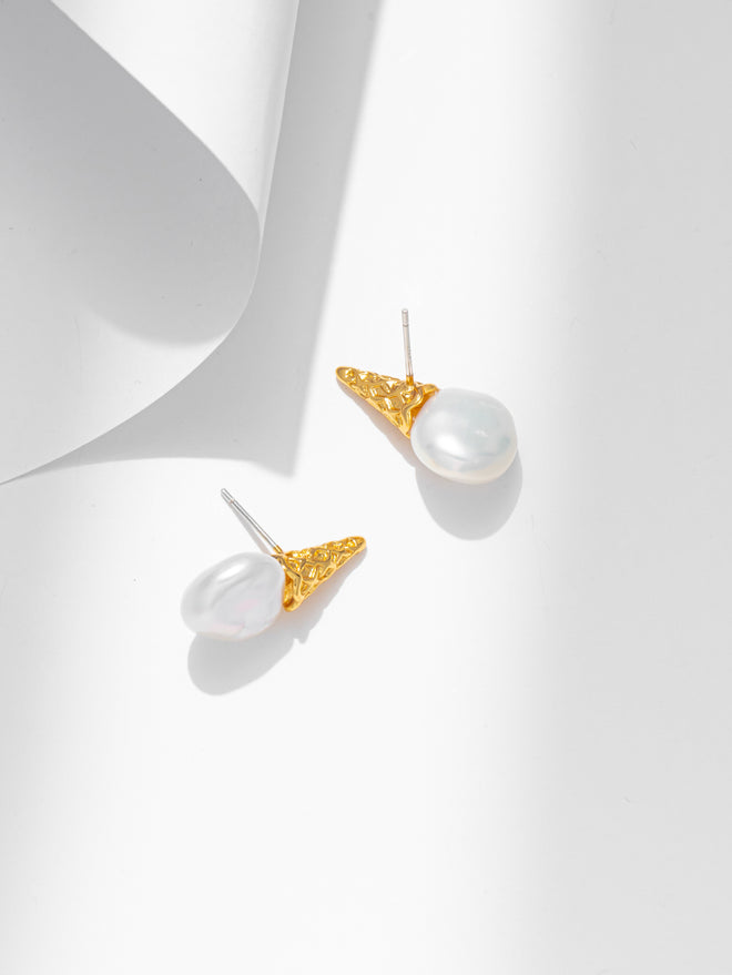 Ice Cream Pearl Earrings with Gold Cone with Sterling Silver Post