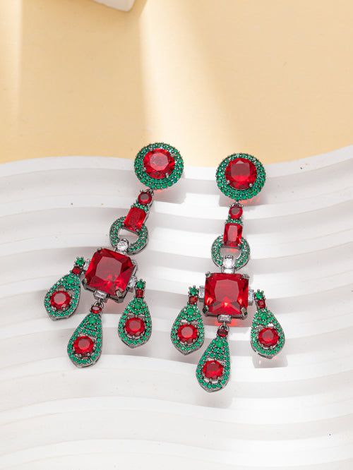 Red&Green Rhinestone Dangle Party Earring with 925 Sterling Silver Post