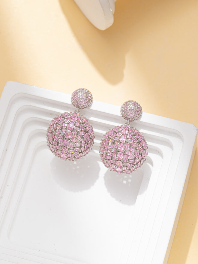 Pink Ball Rhinestone Dangle Party Earring with 925 Sterling Silver Post