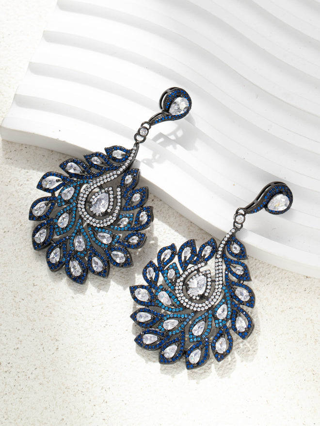 Peacock Feather Style Rhinestone Dangle Earring (Blue)