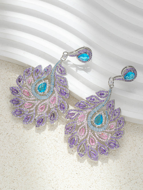 Peacock Feather Style Zircon Rhinestone Dangle Earring (Purple)