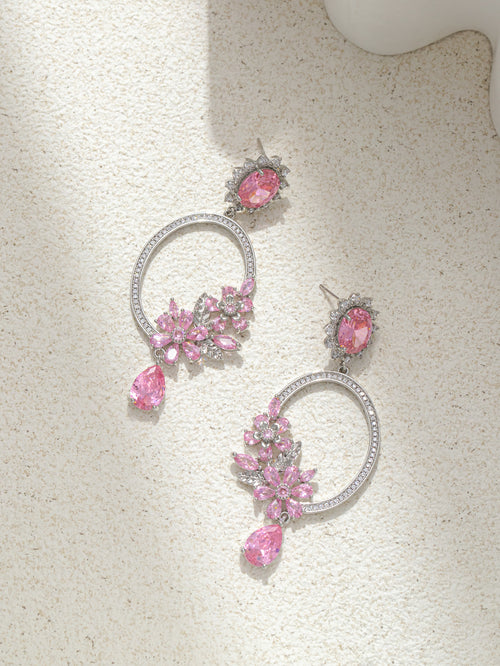 Pink Flowers in the circle Rhinestone Dangle Party Earring with 925 Sterling Silver Post