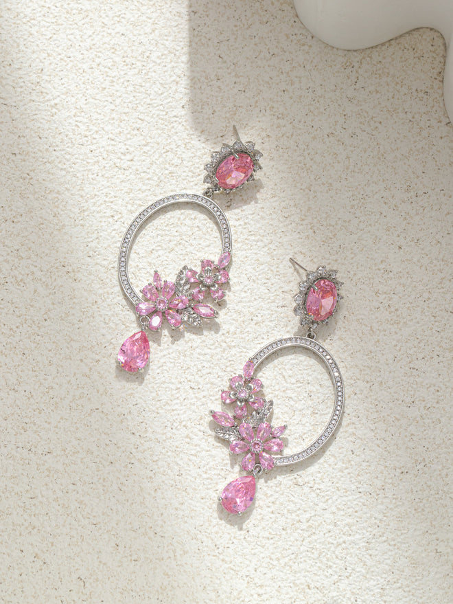 Pink Flowers in the circle Rhinestone Dangle Party Earring with 925 Sterling Silver Post