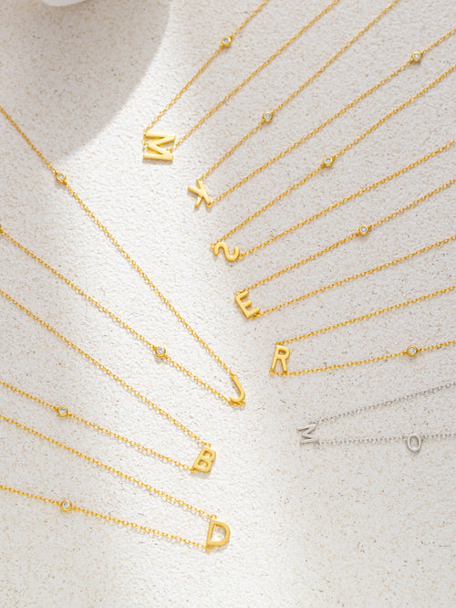 Thin Alphabet Necklace With Diamond Stud