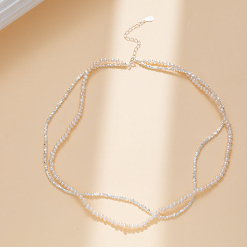 Layered Sterling Silver Beads with imitation  Pearl Necklace