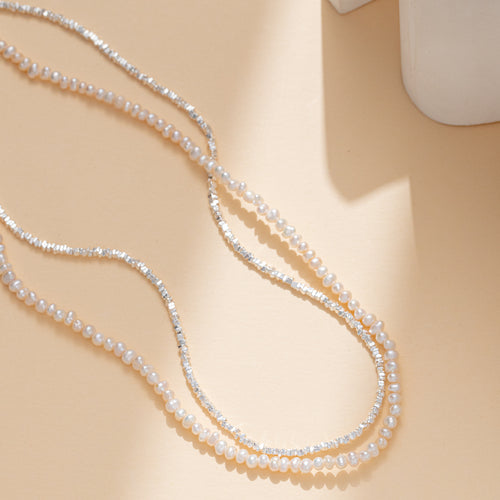 Layered Sterling Silver Beads with imitation  Pearl Necklace