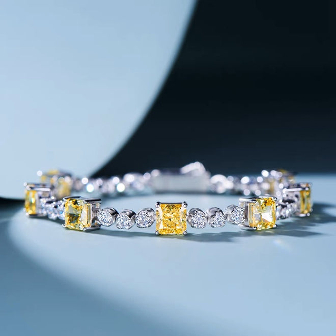 925 Sterling Silver Bracelet with 7pcs 1.2 Carate Radiant cut Caden Yellow and White high- carbon CZ