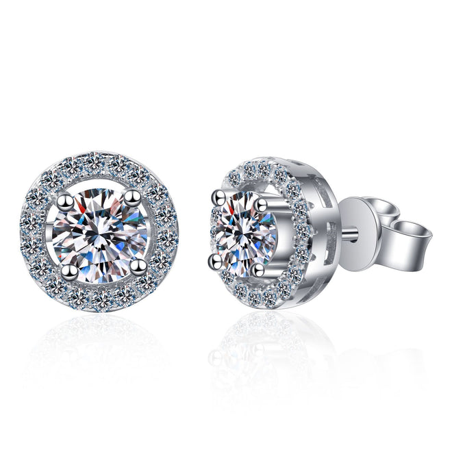 Moissanite Round Brilliant Diamond HALO 1ct D-E Color 925 Sterling Silver White Gold Plated Stud Earring