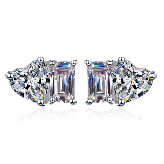 Moissanite Toi et Moi Heart and Princess Stud Earrings 2ct D-E Color 925 Sterling Silver White Gold Plated Stud Earring