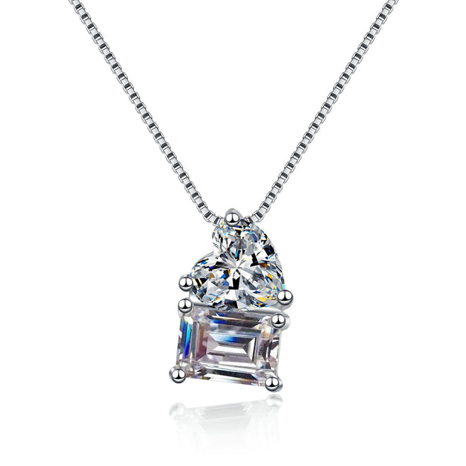 Moissanite Heart and Princess cut Pendant Necklace 2CT 18K White Gold Plated Silver D Color Ideal Cut Diamond Necklace for Women with Certificate of Authenticity