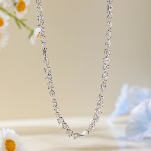 Multishape Moissanite Tennis Necklace 29.5ct ,each 0.3ct 18k White Gold Plated