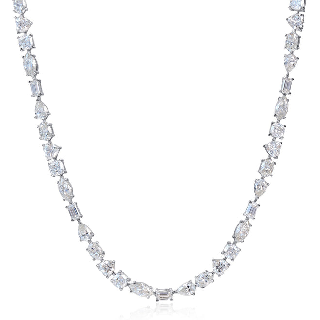 Multishape Moissanite Tennis Necklace 29.5ct ,each 0.3ct 18k White Gold Plated