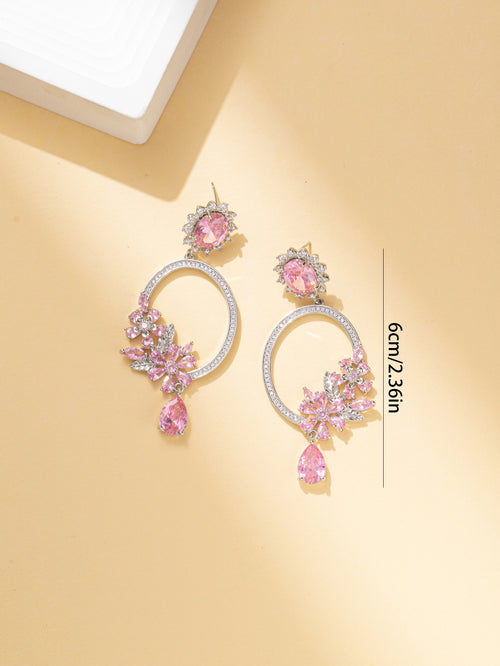 Pink Flowers in the circle Rhinestone Dangle Party Earring with 925 Sterling Silver Post