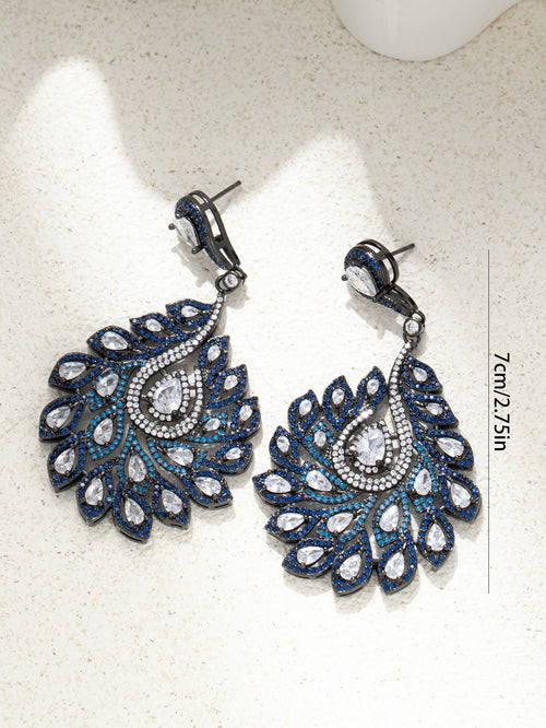 Peacock Feather Style Rhinestone Dangle Earring (Blue)