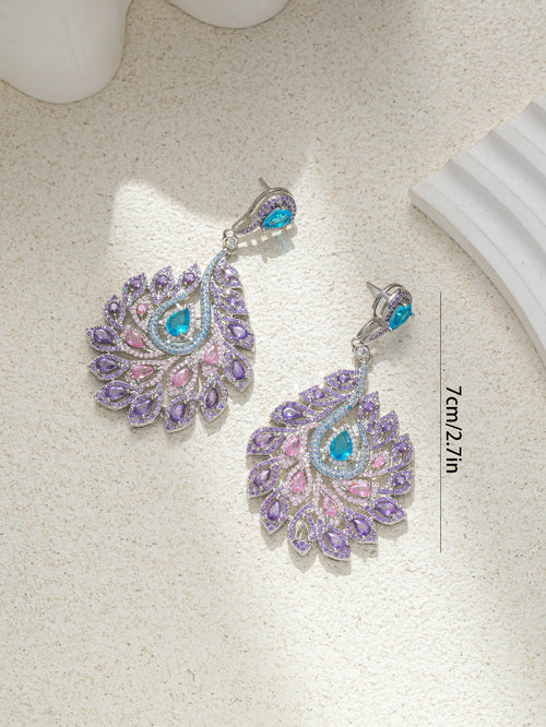 Peacock Feather Style Zircon Rhinestone Dangle Earring (Purple)