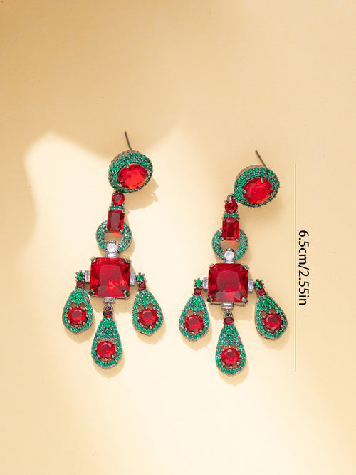 Red&Green Rhinestone Dangle Party Earring with 925 Sterling Silver Post