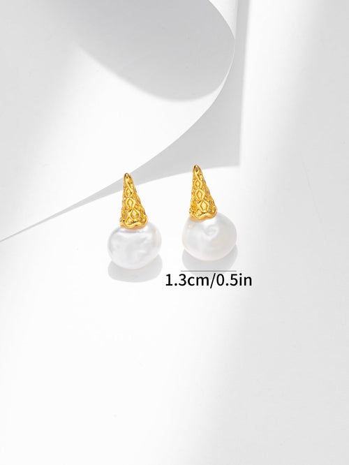 Ice Cream Pearl Earrings with Gold Cone with Sterling Silver Post