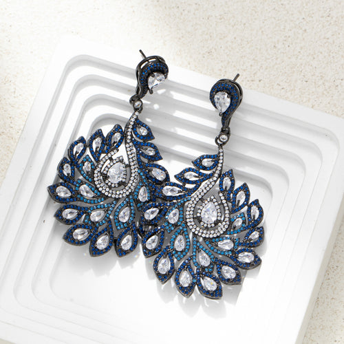 Peacock Feather Style Rhinestone Dangle Earring (Blue)