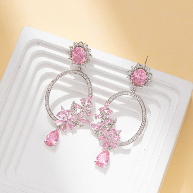 Pink Flowers in the circle Rhinestone Dangle Party Earring with 925 Sterling Silver Post