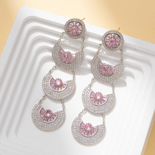 Pink Semicircle Rhinestone Dangle Party Earring with 925 Sterling Silver Post