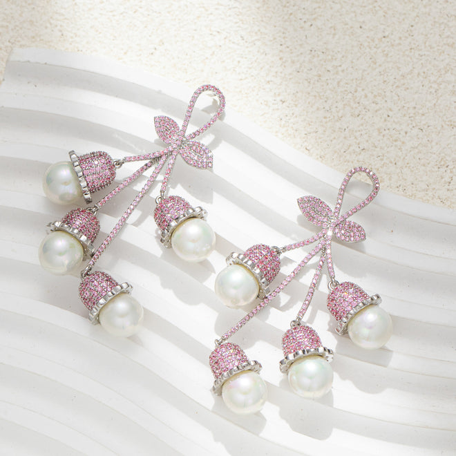 Pink Lantern Flowers Zircon Rhinestone Dangle Party Earring