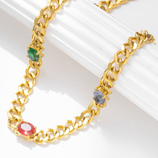 Gold Chain with Triple Color Stones