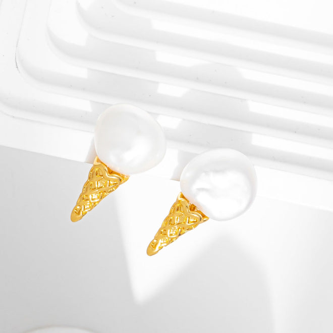 Ice Cream Pearl Earrings with Gold Cone with Sterling Silver Post