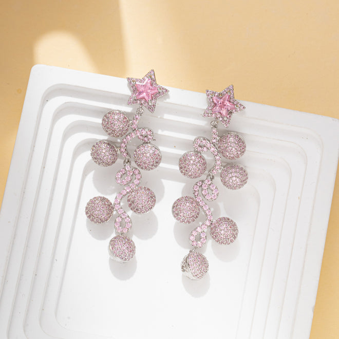 Pink Star Rhinestone Dangle Party Earring with 925 Sterling Silver Post