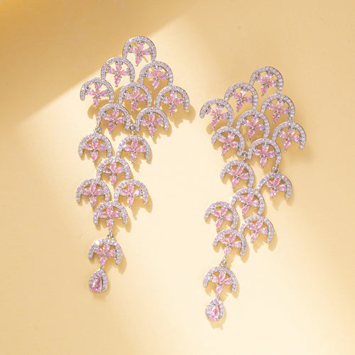 Pink Flowers Crystal Rhinestone Dangle Earring with 925 Sterling Silver Post for Party Bridal Wedding Prom