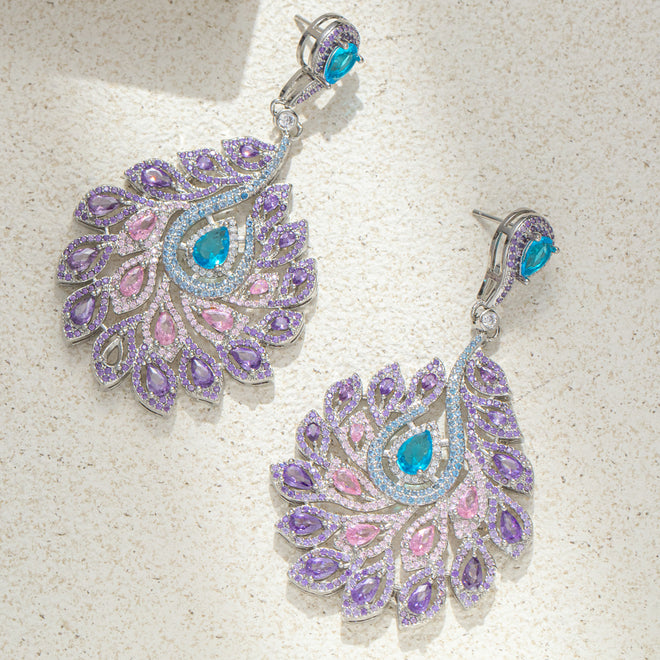 Peacock Feather Style Zircon Rhinestone Dangle Earring (Purple)